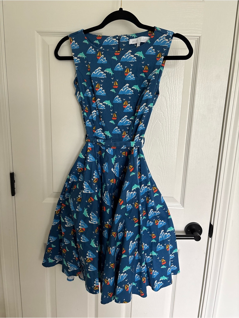 Nautical Blue Print Kids Dress Miss lulo dolphin boat sea teacher midi belt